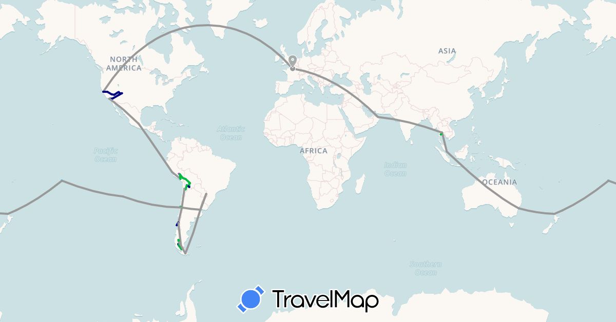 TravelMap itinerary: driving, bus, plane, train, boat in Argentina, Australia, Bolivia, Chile, France, Mexico, New Zealand, Oman, Peru, Singapore, Thailand, United States (Asia, Europe, North America, Oceania, South America)